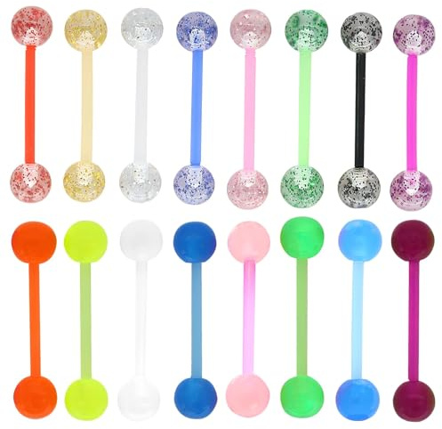 Cncedi Piercing per lingua che si illumina al buio, 16 mm, in plastica glitterata, flessibile, in acrilico, per donne e uomini (16 pezzi)