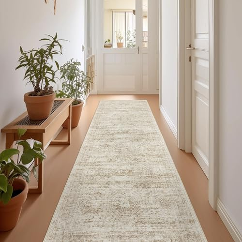 Restydon Rug Runners for Hallways Non Slip - 2x8 Runner Rug for Bedroom, Washable Runner with Rubber Backing, Soft Low-Pile Carpet for Kitchen, Laundry, Bathroom (2'x8', Beige/Ivory)
