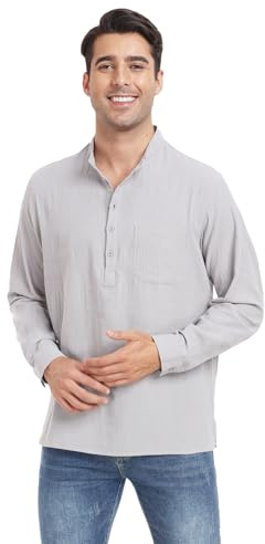 Algodón Lino Verano Camisa de Manga Larga para Hombre Hombre Casual Playa Camisa Camisa de Lino Henley Shirt Gris XXL