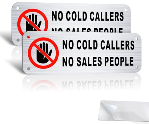 2 Pack No Cold Callers Sign for Front Door, 15 x 5CM No Cold Callers Sticker Metal Brushed Aluminium,Self Adhesive for Letterbox Ring Doorbell with Pre-drilled Holes