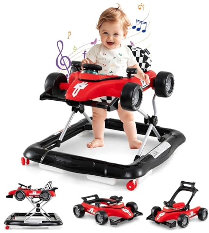 RELAX4LIFE 4 in 1 Girello a Spinta Primo Passo per Bambini da 6 a 18 Mesi con Luci e Suoni, Velocità e Altezza Regolabili, Portata 12 kg, 64x73x50,5/55,5 cm (Modello 2-Rosso) (ROSSO)
