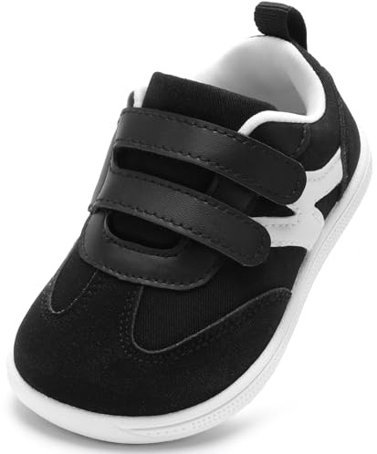 STQ KIDS Wide Boys Black Trainers Non Slip Toddler Barefoot Shoes Lightweight Kids Shoe for First Walk with Hook and Loop Black White UK 7 / T7