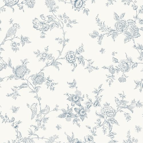 VEELIKE Carta da Parati Floreale Blu Toile de Jouy 44,5 cm x 300 cm Carta da Parati Foglie Beige Blu Decorazione Camera da Letto Bagno Fotomurale da Parete Corridoio Pellicola Adesiva per Mobili
