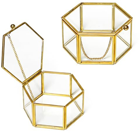 2 stycken glas smyckeslåda smyckeskrin av glas geometrisk 10 x 5,3 cm | Glas box smycken lådor av metall och glas guld för smycken ringar armband örhängen blomma