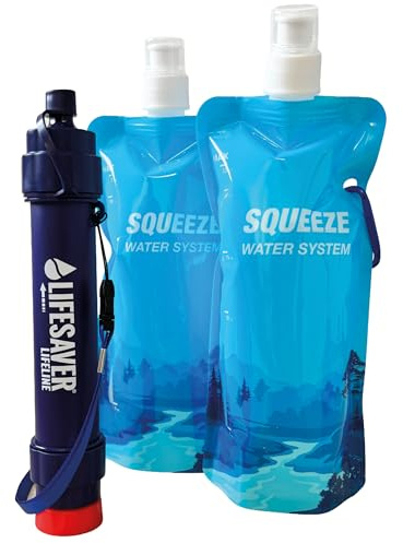 LifeSaver Lifeline Personal Water Filter & Squeeze Pouch Bundle | NSF Certified | Filter up to 5,000 litres | Lightweight Water Solution for Hiking and Family Outdoor Activities