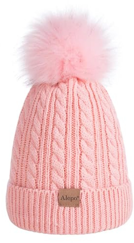 Alepo Kids Winter Beanie Hat, Children's Warm Fleece Lined Knit Thick Ski Cap with Pom Pom for Boys Girls (Pink)