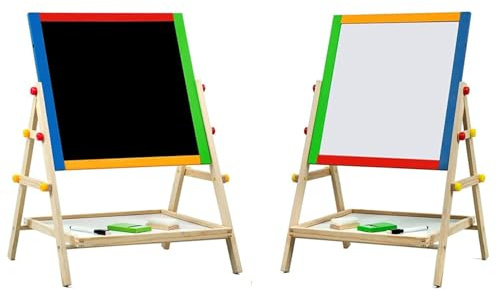 SASONS® Double Sided Kids 2 in 1 Quality Wooden Art Easel Adjustable Flip-Over Drawing Writing Board Whiteboard Blackboard Chalkboard for Children Fun Play Educational Activity Learning [65cm]