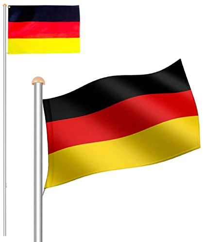 Fiqops Aluminium Fahnenmast Teleskop, Höhe 6,50m, Fahnenstange inkl Deutschlandfahne, Bodenhülse und Seilzug, Hochwertiges Flaggenmast Flagge, Mast mit Abschlusskappe, Sportereignisse, Garten
