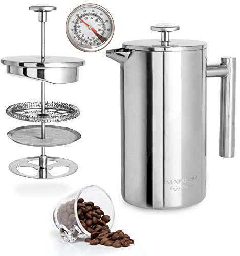 Mixpresso Large Stainless Steel French Press Coffee Maker 50 Oz 1500ml, Double Wall Insulated French Press Stainless Steel, Easy Clean Tea Brewer, Easy Press Durable Metal Coffee Press