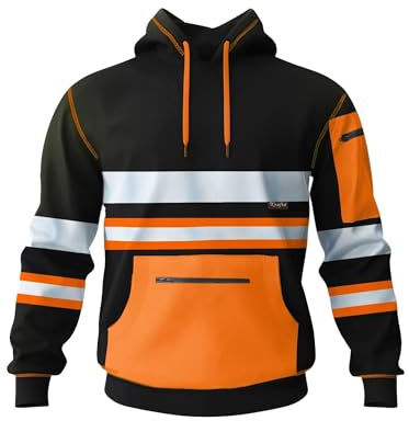 kraftd Mens Hi Vis Hoodie High Viz Hooded Sweatshirt Workwear Hoody with Reflective Tape Black/Orange