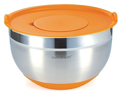 nutrifresh 4,5 l Edelstahl-Rührschüssel mit luftdichtem Deckel, multifunktional mit 3 aufsteckbaren Reiben, sehr langlebig und einfach zu bedienen