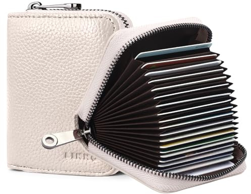 Goopai Porte-cartes RFID avec 20 emplacements pour cartes de crédit en cuir véritable Style accordéon Porte-cartes petit pour femmes ou hommes avec fermeture éclair, beige, s, Classique