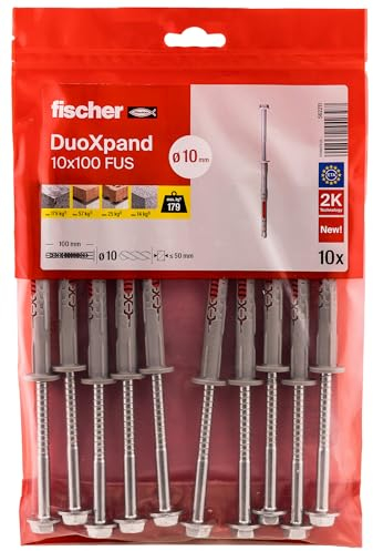 fischer DuoXpand 10 x 100 FUS, hochwertiger Universaldübel mit Sechskantschraube & angeformter U-Scheibe (10 Stk.), Dübel für starken Halt, ideal für poröse Baustoffe & randnahe Verankerungen