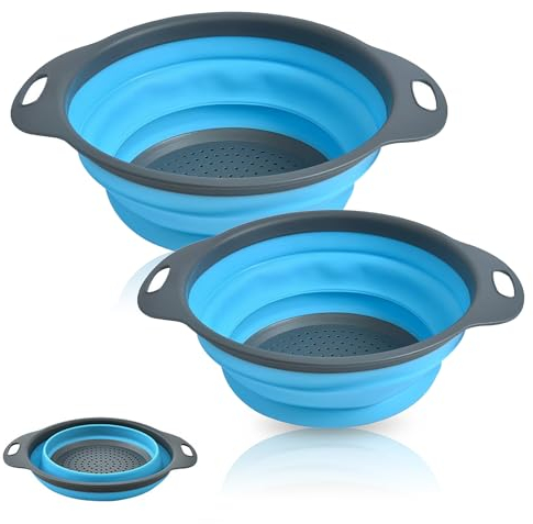 Faltbares Sieb, 2 Stück Nudelsieb Faltbar Silikon Abtropfsieb Klappbar Durchschlag Sieb Blau Küchensieb mit Griff für Nudeln Obst Gemüse(30cm und 25cm)