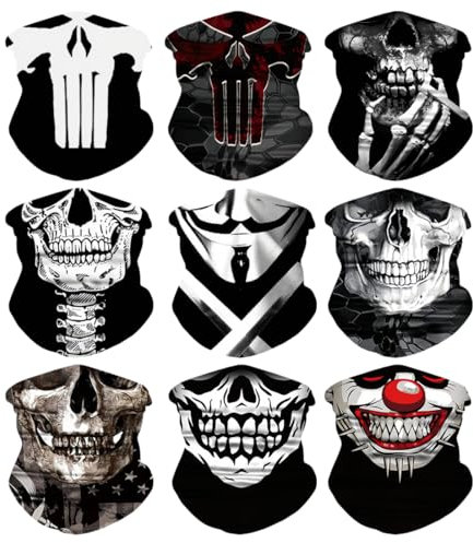 Meleager Multifunktionstuch Gesichtsmaske, Funktionstücher Totenkopf, 9 Stück Schlauchschal Halloween(s78-02), Elastische Schlauchtuch, Sturmmaske Halstuch Bandana Herren Damen für Laufen Wandern