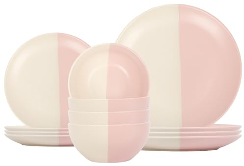 Nicola Spring 12pc Stoneware Dinner Set - Dusty Pink - 4-Person Dining Set Kitchen Ceramic Two Tone Dinnerware Crockery Plates and Bowls Set for Starters, Sides, Mains, Dessert