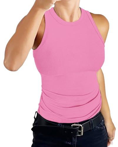 DUOEASE Top Femme 2025 Basic Col Haut Debardeur Slim Fit Cotelee Couleur Unie sans Manches Haut Femme-Rose foncé-M