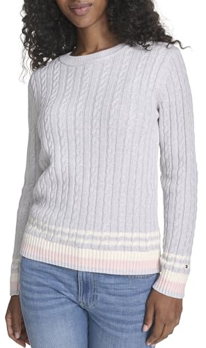 Tommy Hilfiger Maglione da Donna in Cotone Girocollo a trecce, Grigio mélange Perlato Multicolore, S