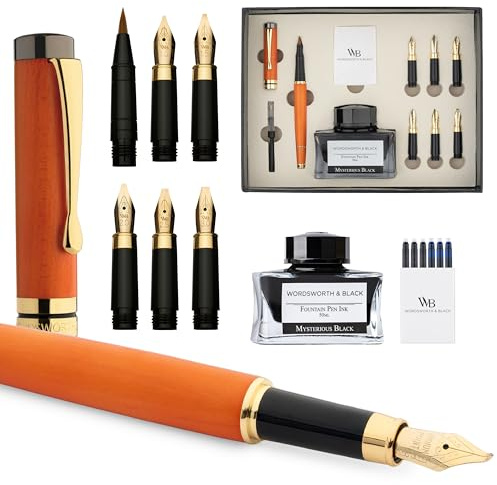 Wordsworth & Black Calligraphy Pen Gift Set, Incluye botella de tinta, 6 cartuchos de tinta, convertidor de recarga, 6 puntas de repuesto, bambú de lujo, bolígrafos de escritura [Madera de cerezo]