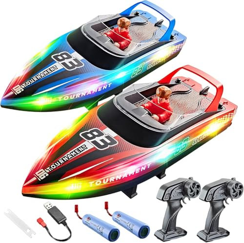 BEZGAR 2-Pack RC Boats - 10 Inch Remote Control Boat for Kids and Adults, 2.4GHz LED Light Boats with Two 1200mAh Rechargeable Batteries, Summer Toy Boat for Lakes & Pools, for Boys Age 6+