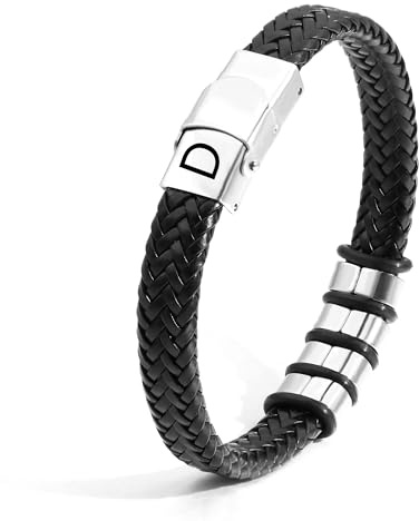 SAMINO Cuero Negro 26 Pulseras de Acero Inoxidable de Primera Letras Para Hombres Pulseras Colgantes de Letra A - Z Tejidas Pulseras Regalos Para Marido Padre Hijo Novio Tío (D)