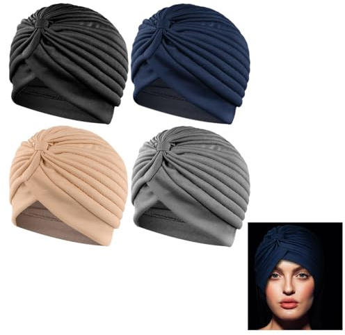 4 PCS Stretchy Beanie Turbans, African Pattern Knot Headwrap Women's Fashion Turbans Soft Cotton Stretchy Elastic Hair Towel Beanie Pre-Tied Bonnet Headwraps for Women Children Multicolour