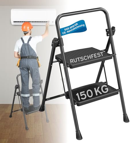 kör4u Scala a 2 gradini, portata fino a 150 kg, pieghevole e salvaspazio, stabile scala domestica, gradini antiscivolo, telaio in acciaio, nero