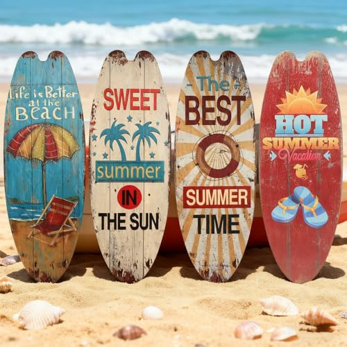 HUASUN 4 tavole da surf in legno, 45 cm, decorazione da parete per spiaggia, mare e bar, decorazione estiva da parete per interni ed esterni