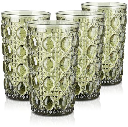 Joeyan 400ml Vasos de Cristal agua Verde con Relieve Gemas, Juego de 4 | Colores Vasos Altos de Vidrio,Decoración Modernos Cristalería para Refrescos,Café,Té,Cerveza,Leche,Cócteles,Apto Lavavajillas