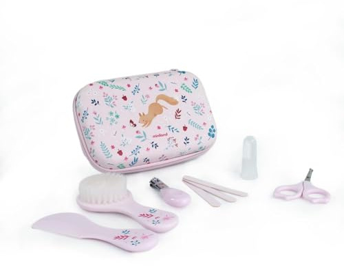 Miniland Baby Kit - Set Igiene e Cura per Bambino con 6 Accessori, Spazzola, Pettine, Forbicine, Tagliaunghie, Stimolatore Gengivale e 2 Lime con Custodia | Squirrel
