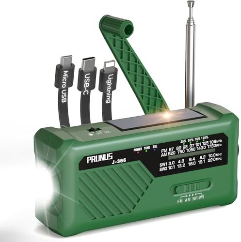 PRUNUS J-366 Radio de Survie Dynamo Solaire, Rechargeable Et à Piles AAA | Radio Dynamo Survie 2000 mAh avec Manivelle, Alarme SOS, Lampe de Poche Et Charge USB-C pour Camping Et Urgences