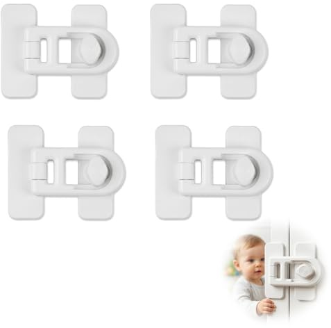 4 Piezas Cerraduras de Seguridad para Niños para Armarios, Cerraduras para Refrigerador a Prueba de Niños, Sin Taladrar Cierres a Prueba Niños, Seguridad para Cajones Bebés, Fácil Instalación (Blanco)