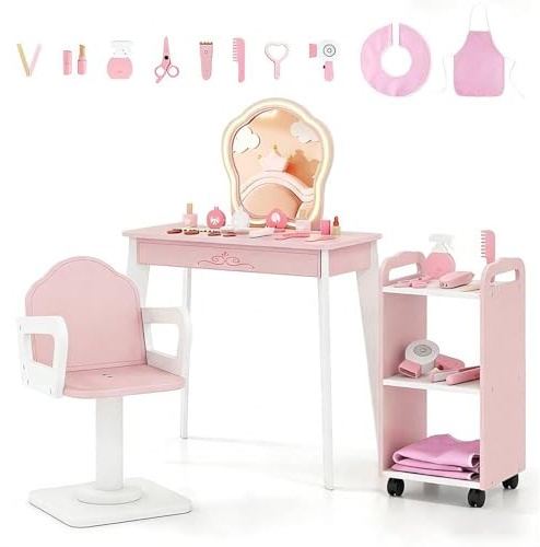 GOPLUS Sminkbord för barn, toalettbord med snurrstol, frisörvagn och 10 tillbehör, avtagbart LED-sminkspegel med 3 ljusfärger och justerbar ljusstyrka, sminkbord för flickor från 3 år