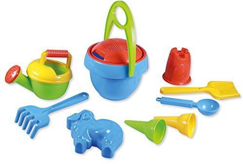Lena 5420 Happy Sand Spielset Jungs I, Sandspielzeug mit 10 Teilen für Kinder ab 2 Jahren, Strandspielzeug mit Eimer, Sieb, Schaufel, Rechen, Gießer, Eislöffel, 2 Eistüten und 2 Formen, Mehrfarbig