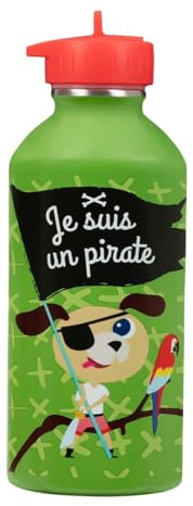 Gourde enfant Acier inoxydable DRAEGER PARIS - Facile à nettoyer - gourde réutilisable - Idéale pour parc, école - Contenance 300ml - 17 cm x 6,5 cm - Vert - Message inscrit : Je Suis Un Pirate