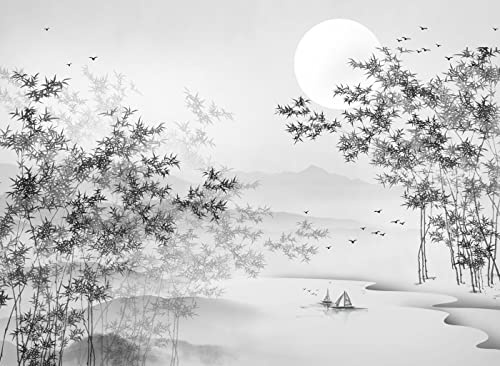 Wesmilewallpaper Papier Peint Panoramique Art Zen Noir Et Blanc Forêt Lac Eau Lune Nature Paysage 400x280cm 3D Intissé Soie Poster Geant Mural