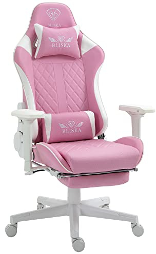 Gamingstol med fotstöd och ergonomiska 4D-armstöd, gamingstol i ergonomisk sportstolstil, gaming-stol med justerbara ryggstödskuddar för en hälsosammare sittställning, färg: rosa/vit