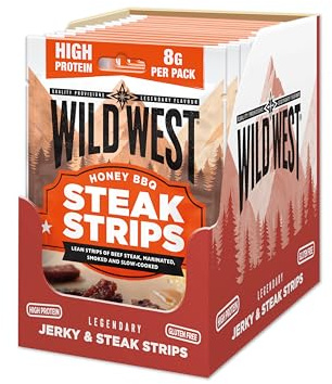 Wild West Beef Jerky, Honung BBQ (steak strips) 16x25g high Protein torkat kött, Beef Jerky Protein Snack, torkat nötkött