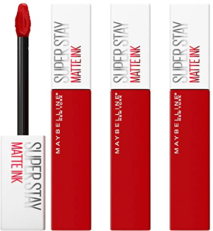 Maybelline New York SuperStay Matte Ink Lippenfarbe 340 Exhilarator mit 16 Stunden Brenndauer - 3 Lippenstifte mit Spitzen-Applikator