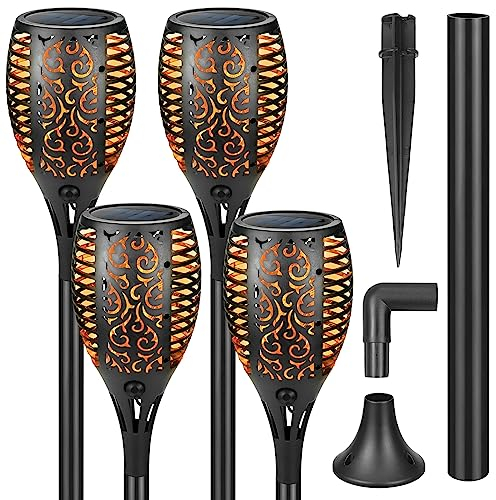 CECOMBINE Lot de 4 lampes solaires pour extérieur de jardin, 33 LED, avec support mural, pour extérieur,Torche solaire de jardin,Étanche IP65,Pour extérieur, jardin, chemin, arrière-cour, pelouse