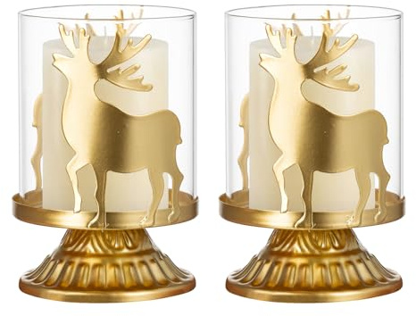 Sziqiqi Tealight Candle Holders Christmas Modern Decor, Hurricane Pillar Candle Holder Set of 2, Decorative Stag Candle Stands Centerpieces for Christmas Table Mantle Fireplace Decoration, Gold