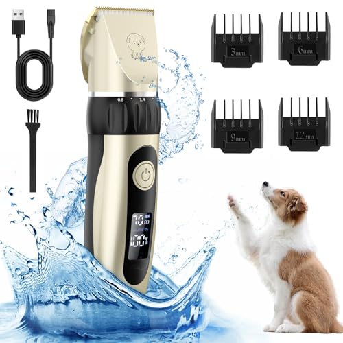 YAZEKY Leise Hundeschermaschine Profi, Schermaschine Hund Katze mit 4 Führungskämmen, Elektrische Tierhaarschneidemaschine, Hundetrimmer Schnurlosen für Dickes, Lockiges, Langes Hundehaare(Gold)