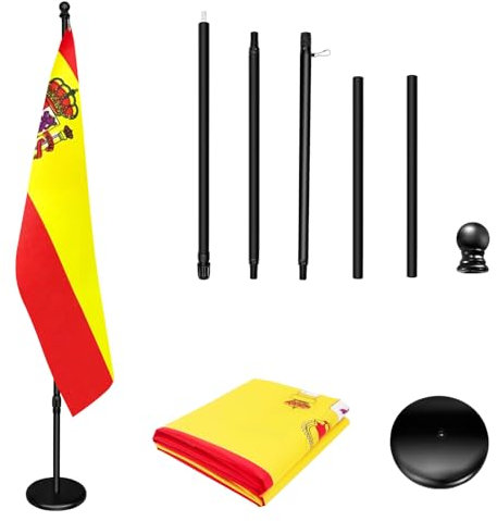 Mástil de bandera de interior con base, 200 cm-252 cm elevado y bajado para ajustar la altura, la base añade peso, los mástiles giran 360 grados, bandera de España de 90 x 150 cm. Adecuado para