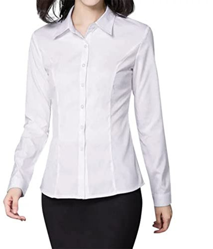 Womens Plain Long Sleeve Dress Shirt Ladies Formal Executive Office Business Work Blouse Premium Reverse Collar Button Down Shirt Easy Care Non-Iron Slim Fit Workwear White