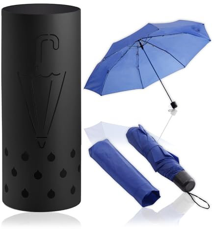 K AKTUAL - Paraguero Redondo con Paraguas Plegable - Paragueros Modernos de color negro con ganchos y bandeja antigoteo extraíble - Paragüero de metal 20 x 50 cm