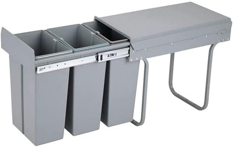 Contenedor de reciclaje para mueble de cocina, Cubos de basura bajo fregadero 3x10L, fijación inferior y extracción manual, cubos extraíbles, con tapa