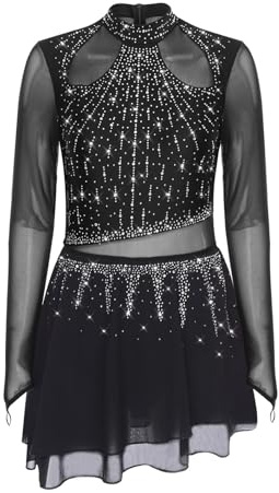 RUNQHUI Femme Justaucorps Robe Patinage Artistique Strass Brillant Manches Longues Leotard Gymnastique Danse S-XXL Type C Noir a S