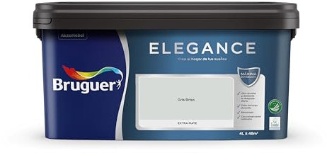 Bruguer ELEGANCE Pintura Monocapa ExtraMate, Paredes y Techos, Interior, Exterior protegido, Alta Durabilidad, UltraLavable, Resistente al Desgaste y Manchas Gris Brisa 4L