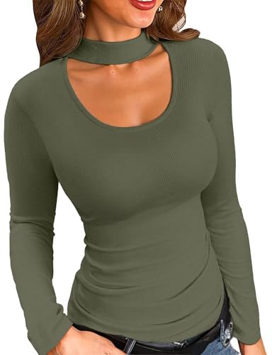 VICHYIE Maglia da Donna a Maniche Lunghe Ribetrick Top Autunnale Slim Fit Top,Militare Verde,XL