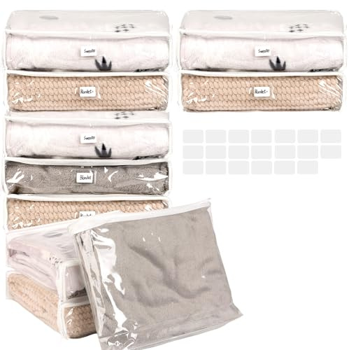 BAIEGOED 10 Pcs Storage Organizer Bags for Clothes with 20 Pcs Labels, Clear Zip Lock Bags Storage Bag for Clothes Sweater Bed Sheet Blanket Cosmetics Toys(16x13x4 inch)